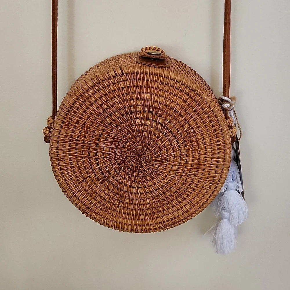 Handcrafted in Vietnam Woven Circle Crossbody Bag Leather Accents Boho Beachy